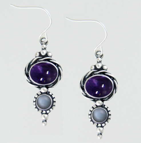 Sterling Silver Drop Dangle Earrings With Iolite And Grey Moonstone